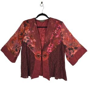 Vintage Violet Kay Women XL Burgundy Silk Blend Lace Floral Beaded Kimono Jacket
